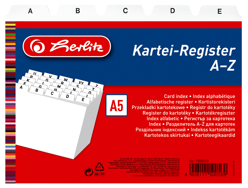 01500560003158931fa887597 herlitz Karteiregister A - Z, PP, A7 quer, weiß, 24-teilig