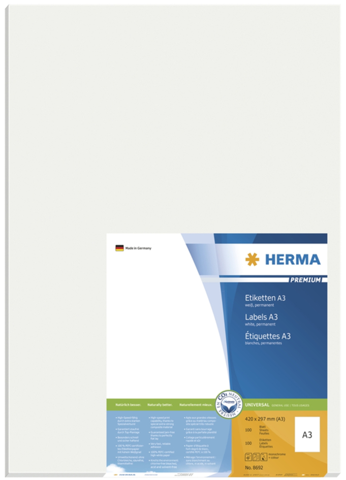 8692 HERMA Universal-Etiketten PREMIUM, 297 x 420 mm, weiß