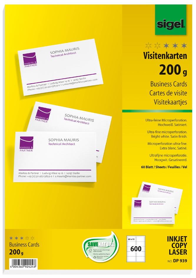DP939-PK-VS58936c7bdcc7e sigel Visitenkarten, 85 x 55 mm, 200 g/qm, hochweiß