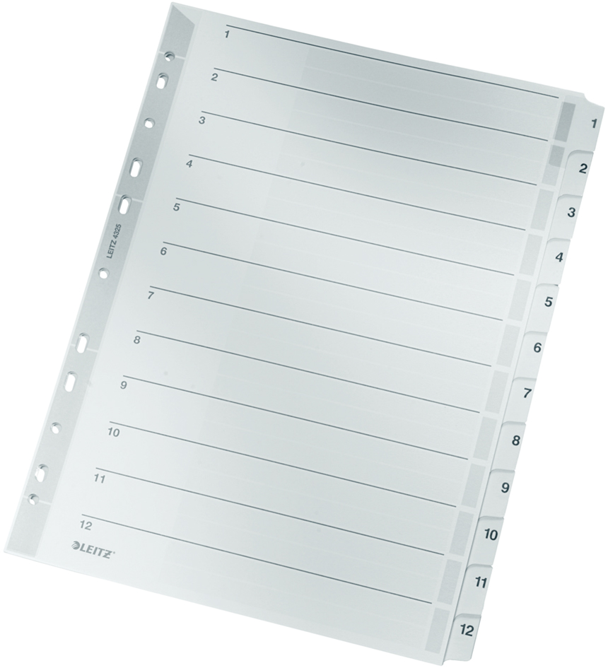LEITZ Mylarkarton-Register, Zahlen, A4, 1-12, 12-teilig,grau
