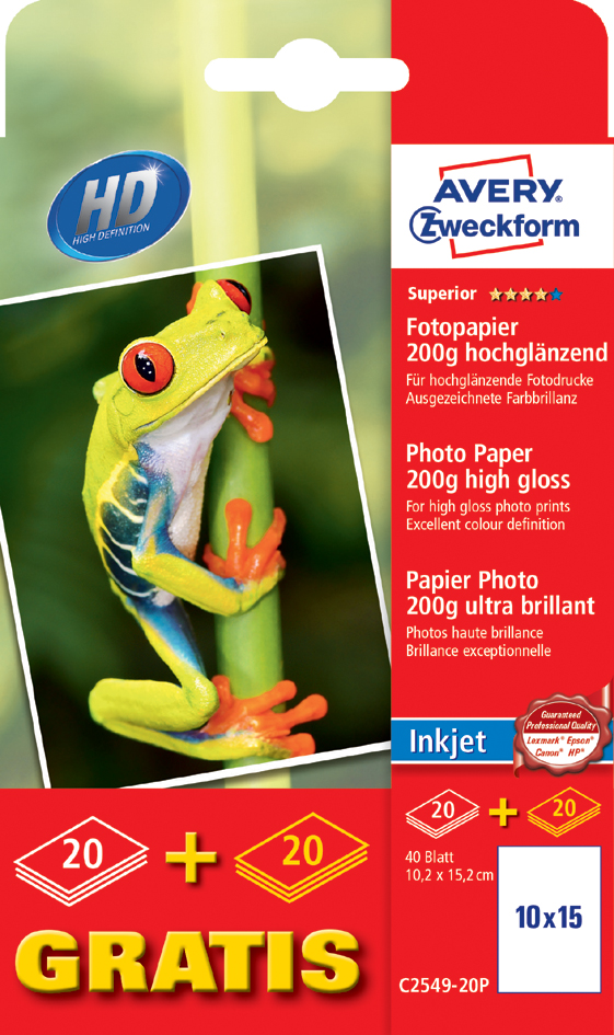 C2549-20P AVERY Zweckform Superior Inkjet Foto-Papier, 20 Blatt GRATIS