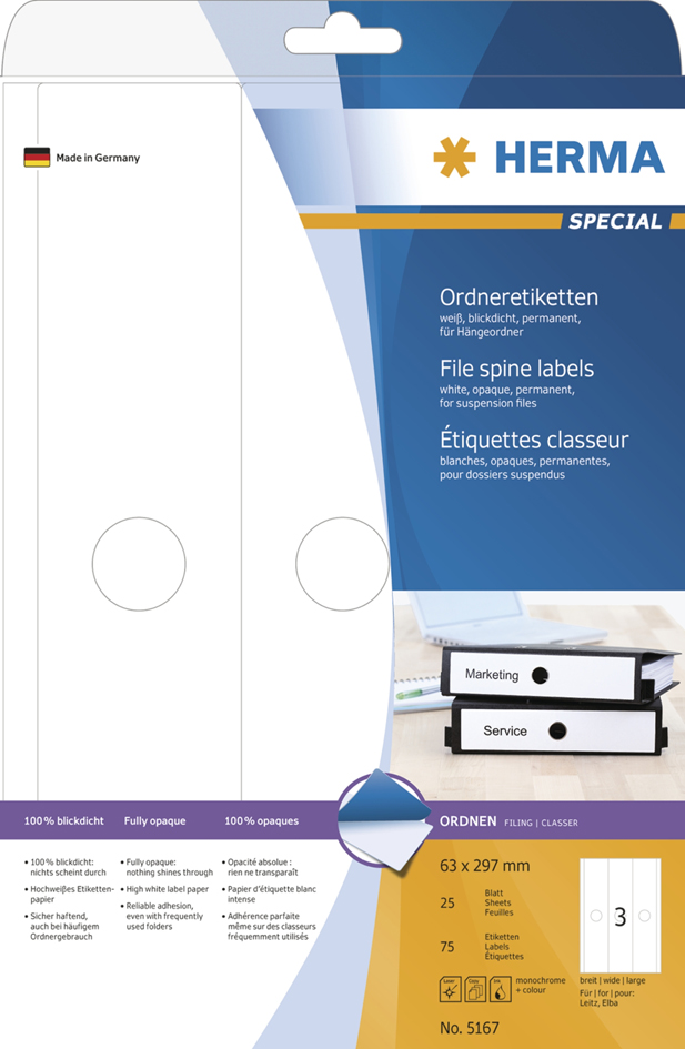 5167 HERMA Ordnerrücken-Etiketten SPECIAL, 63 x 297 mm, weiß