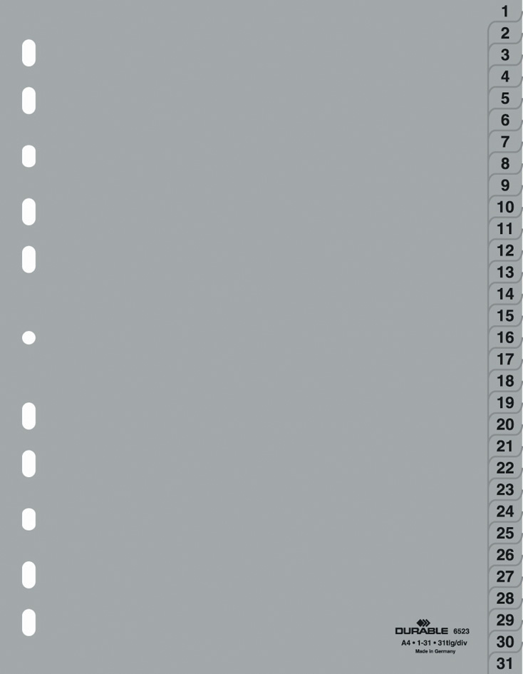 6523-10-durable5893a1f9d3186 DURABLE Kunststoff-Register, Zahlen, A4, 31-teilig, 1 - 31