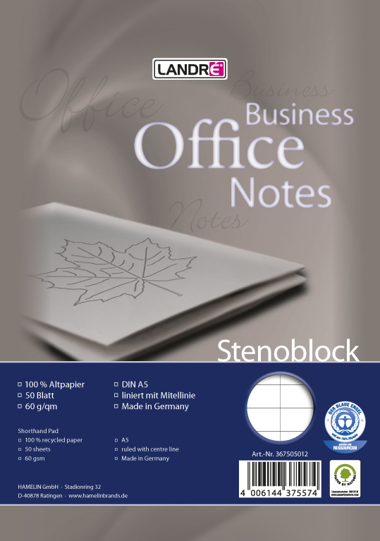 367505012 LANDRÉ Stenoblock A5, 40 Blatt, mit Mittellinie