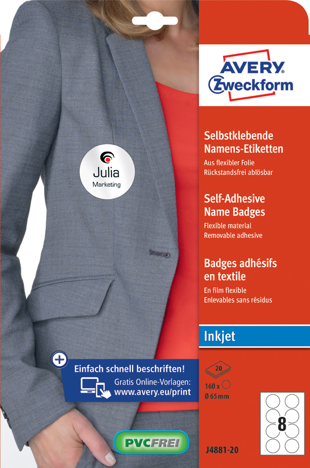 J4881-20A6OSeOpcfHHiC AVERY Zweckform Inkjet-Namens-Etiketten, 65 mm, rund, weiß