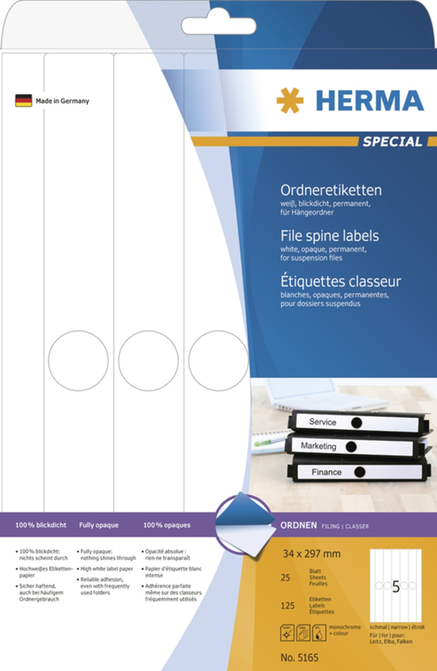 5165 HERMA Ordnerrücken-Etiketten SPECIAL, 34 x 297 mm, weiß