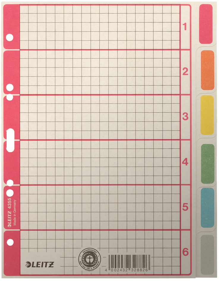 43550099 LEITZ Karton-Register extrastark, blanko, A5, 6-teilig, grau