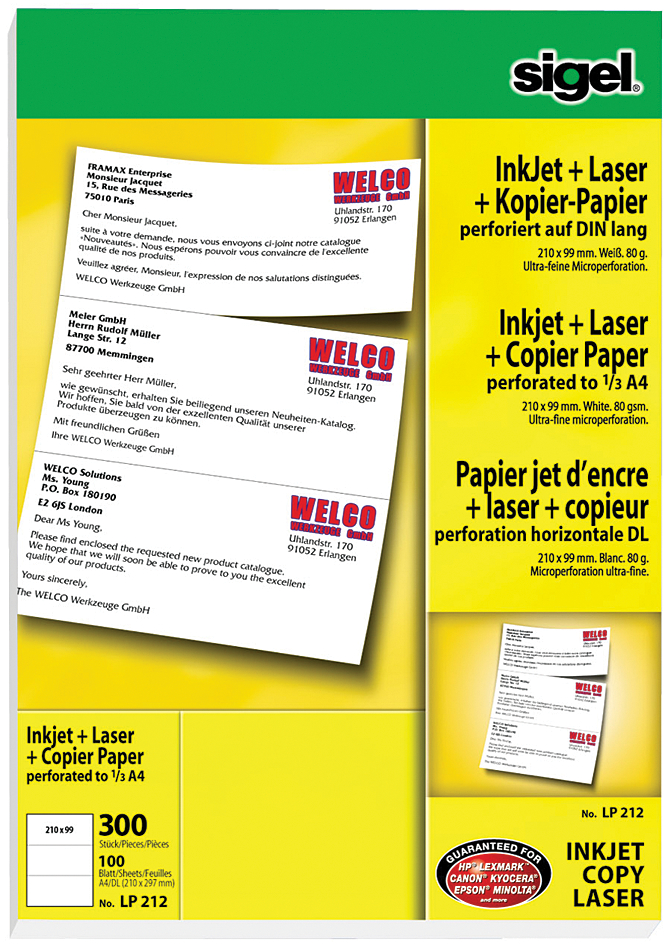 KLP212 sigel Multifunktionspapier ´MultiPrint´,A4 perforiert auf A5