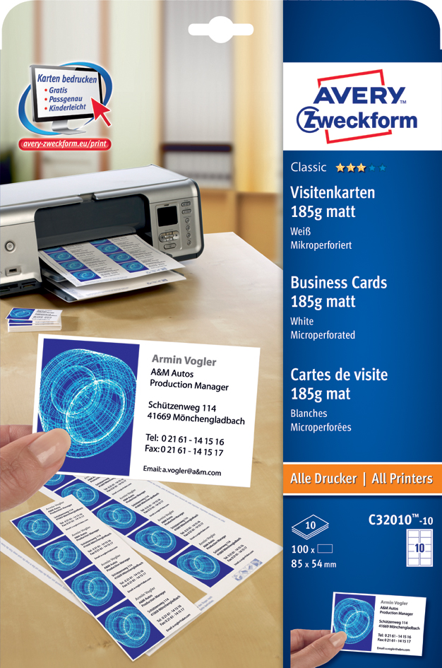 C32010-10 AVERY Zweckform Visitenkarten, 85 x 54 mm, weiß