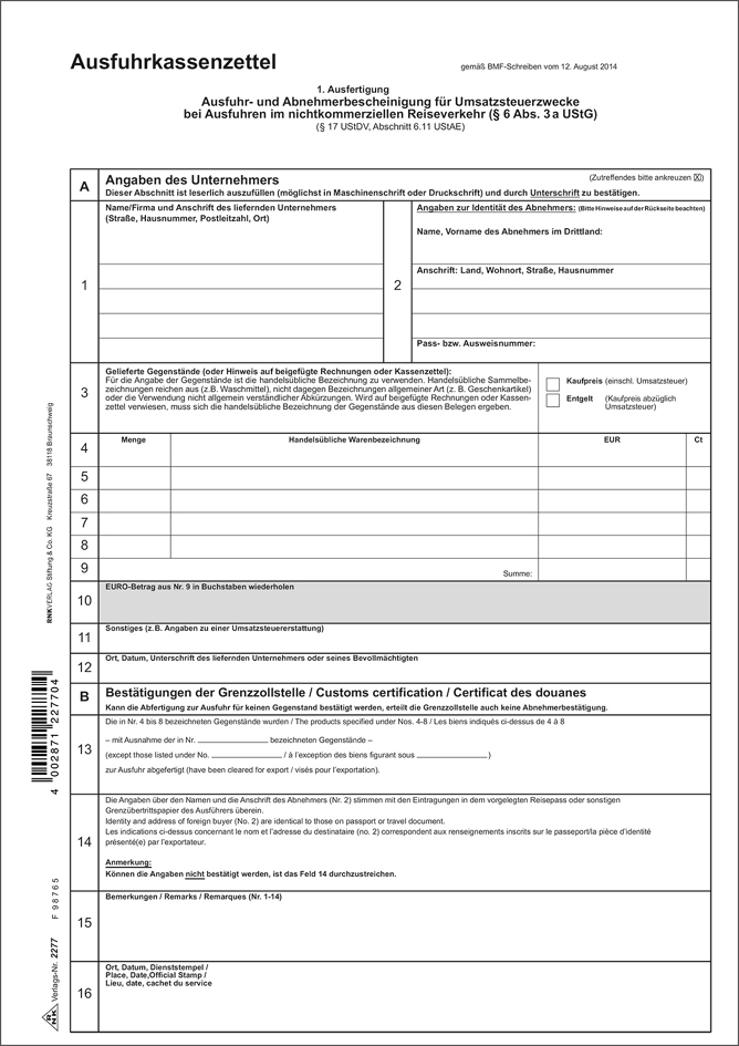 2277___EBD001 RNK Verlag Vordruck ´Ausfuhrkassenzettel´, DIN A4, SD