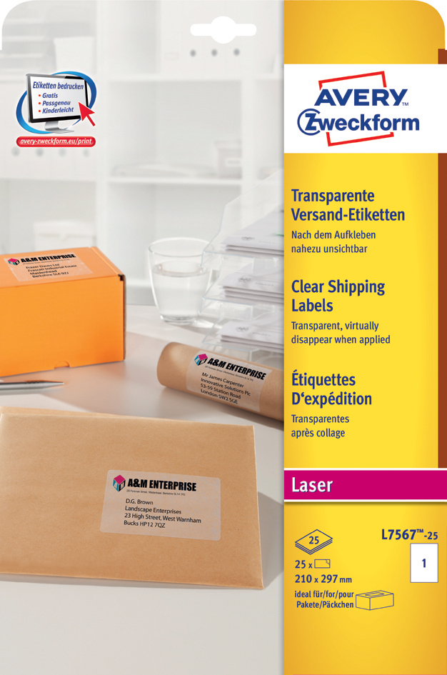 L7567-25 AVERY Zweckform Transparente Adress-Etiketten, 210 x 297 mm