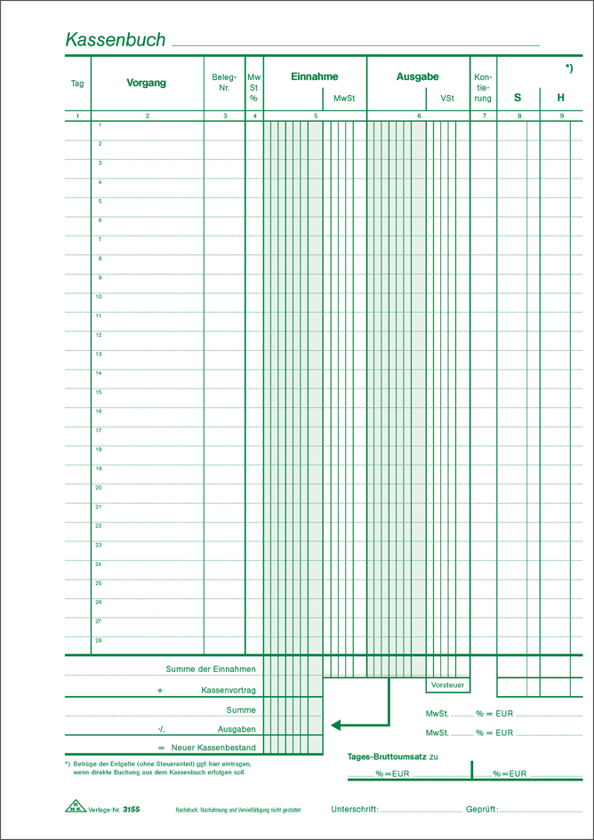 3155 RNK Verlag Kassenbuch, DIN A4, mit Umsatzsteuererfassung, SD