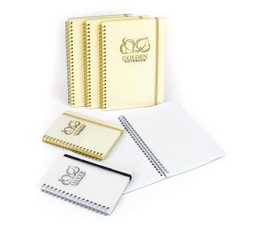 3b1db542c1bcd70e8e049ec8733dbfd7 Notizbuch "Golden&Silver", liniert, PP-Transparentcover, Wire-O-Bindung - gold & Format