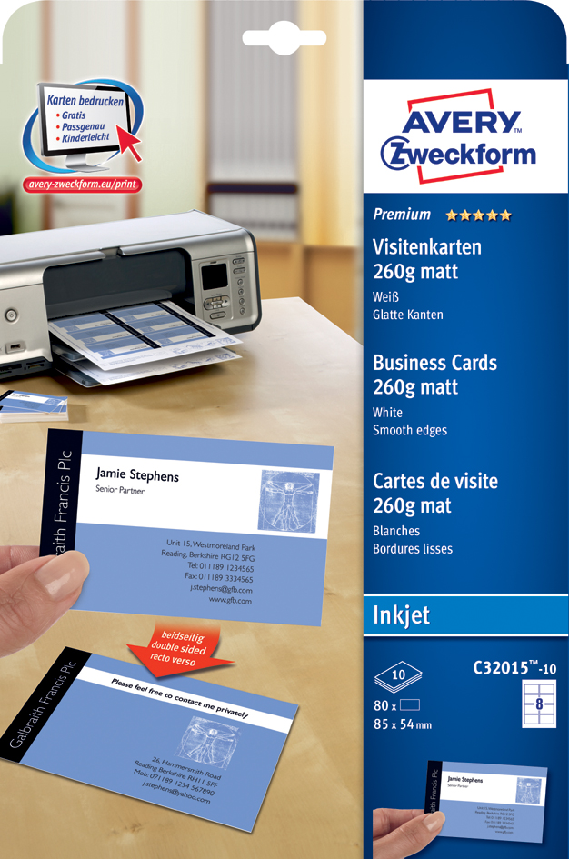 C32015-10 AVERY Zweckform Quick & Clean Visitenkarten, matt, 260 g/qm