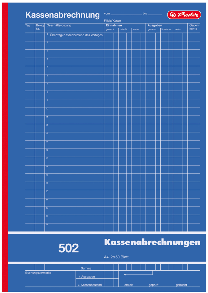 008824150012 herlitz Formularbuch ´Kassenabrechnung 502´, DIN A4