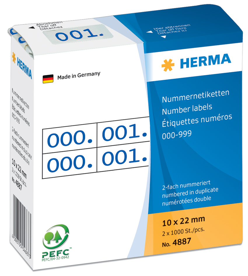 4887 HERMA Nummern-Etiketten 0-999, 10 x 22 mm, rot, doppelt