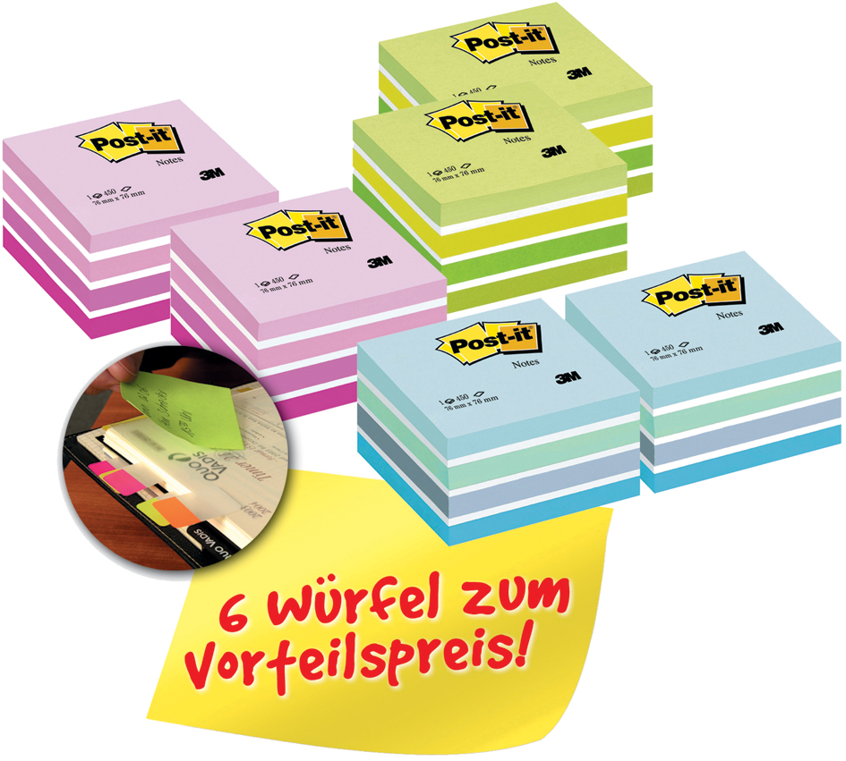 2028X6 Post-it Haftnotiz-Würfel, 76 x 76 mm, Vorteilspack, sortiert