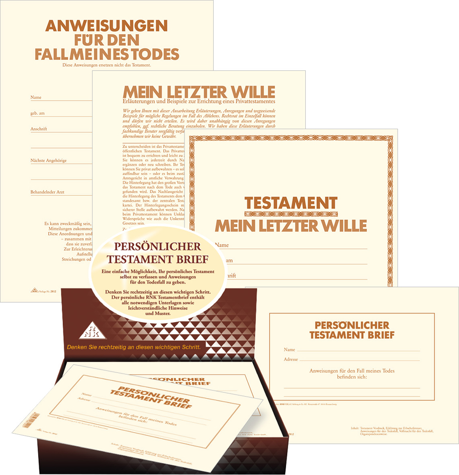 2812_Display_Inhalt RNK Verlag Vordruck ´Testament Brief´, im Thekendisplay