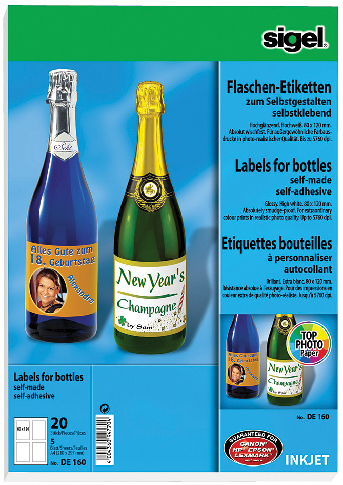 KDE160 sigel Inkjet Flaschen-Etiketten, 80 x 120 mm, 85 g/qm