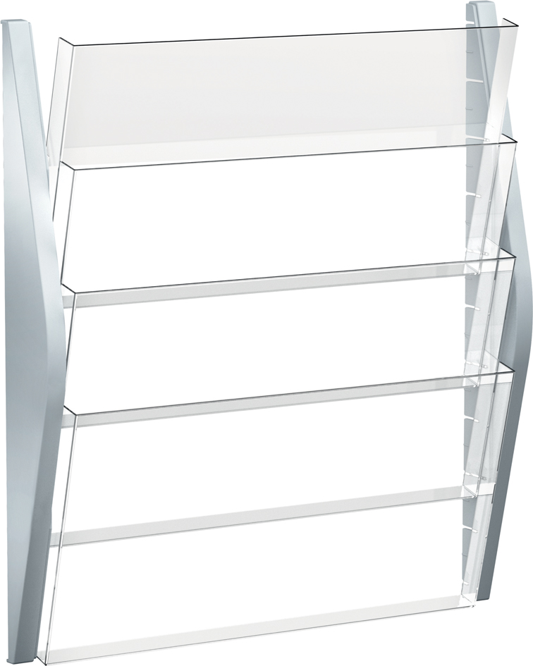 H62704_00_E_1_300 helit Wand-Prospekthalter, DIN A3 quer, 4 Fächer, silber
