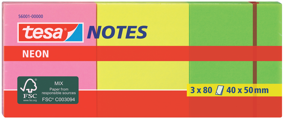 56001_1 tesa Neon Notes Haftnotizen, 40 x 50 mm, 3-farbig