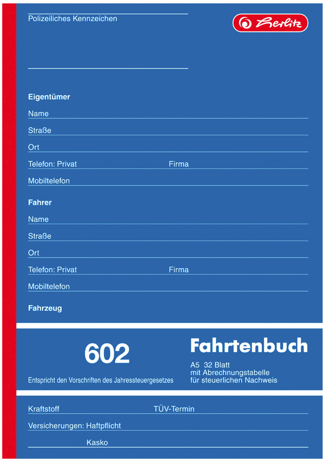 herlitz Formularbuch ´Fahrtenbuch 602´, A5, 32 Blatt