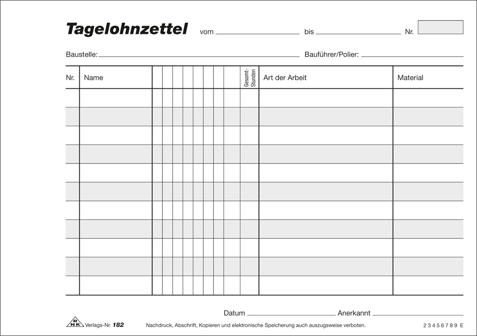 182 RNK Verlag Vordruck ´Tagelohnzettel´, Block, SD, DIN A5 quer