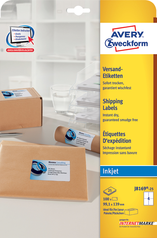 J8169-25 AVERY Zweckform Inkjet Versand-Etiketten, 199,6 x 289,1 mm