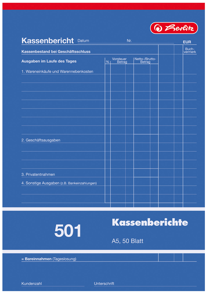 008825140012 herlitz Formularbuch ´Kassenbericht 501´ DIN A5, 50 Blatt