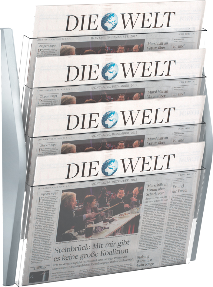 H62704_00_A_1_300 helit Wand-Prospekthalter, DIN A3 quer, 4 Fächer, silber