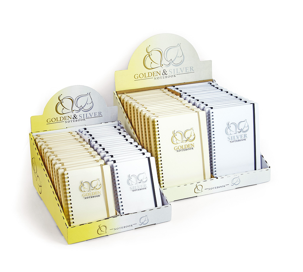 d3d67fe9e48d87f314bc6ea13dfeb44d Notizbuch "Golden&Silver", liniert, PP-Transparentcover, Wire-O-Bindung - gold & Format