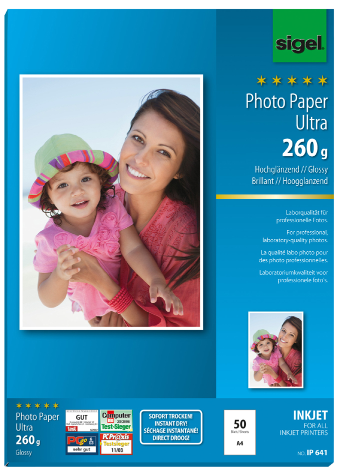 IP641-PK-VS58936c58f26bd sigel Ultra-Foto-Papier, DIN A4, hochglänzend, 260 g/qm