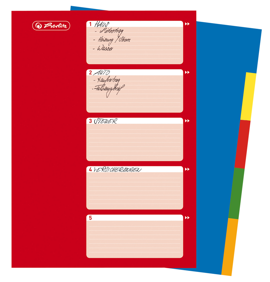 059504070032589b27f6012aa herlitz Kunststoff-Register, blanko, A4, farbig, 10-teilig