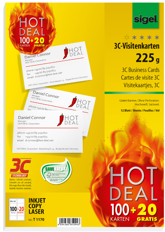 sigel PC-Visitenkarten, 85 x 55 mm, 225 g/qm, hochweiß