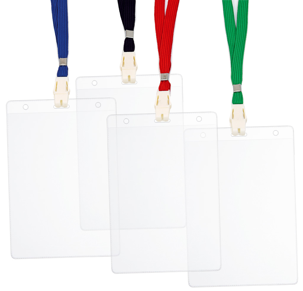 3187c1cb195f1b46fdb10b6bd2065abb 50 Ausweishüllen inkl. Band für Messen, PVC 115x165mm, oben offen - dunkelblau