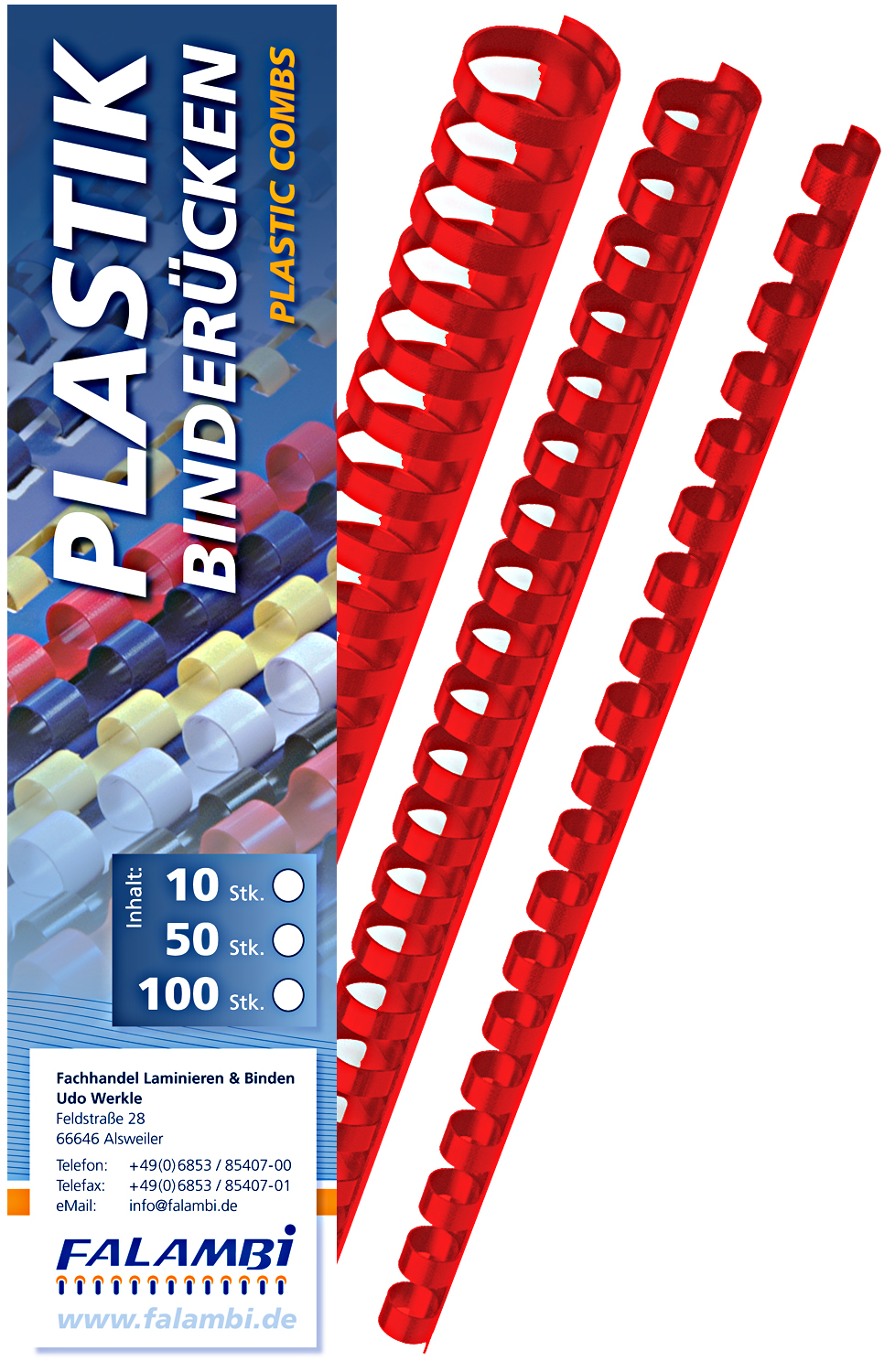 Plastik-Binderücken 21 Ringe  16 mm - rot Plastik-Binderücken 21 Ringe  16 mm - rot