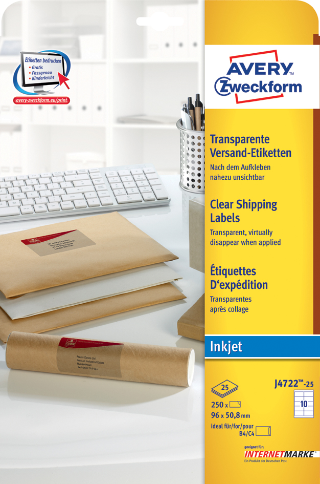 J4722-25 AVERY Zweckform Transparente Adress-Etiketten, 210 x 297 mm