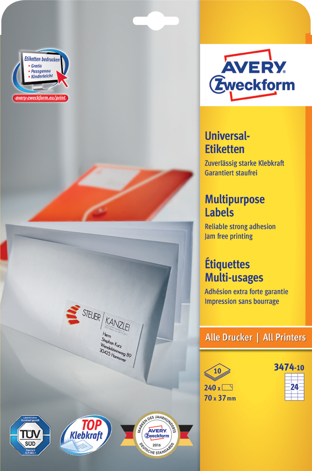 3474-10 AVERY Zweckform Universal-Etiketten, 70 x 37 mm, weiß