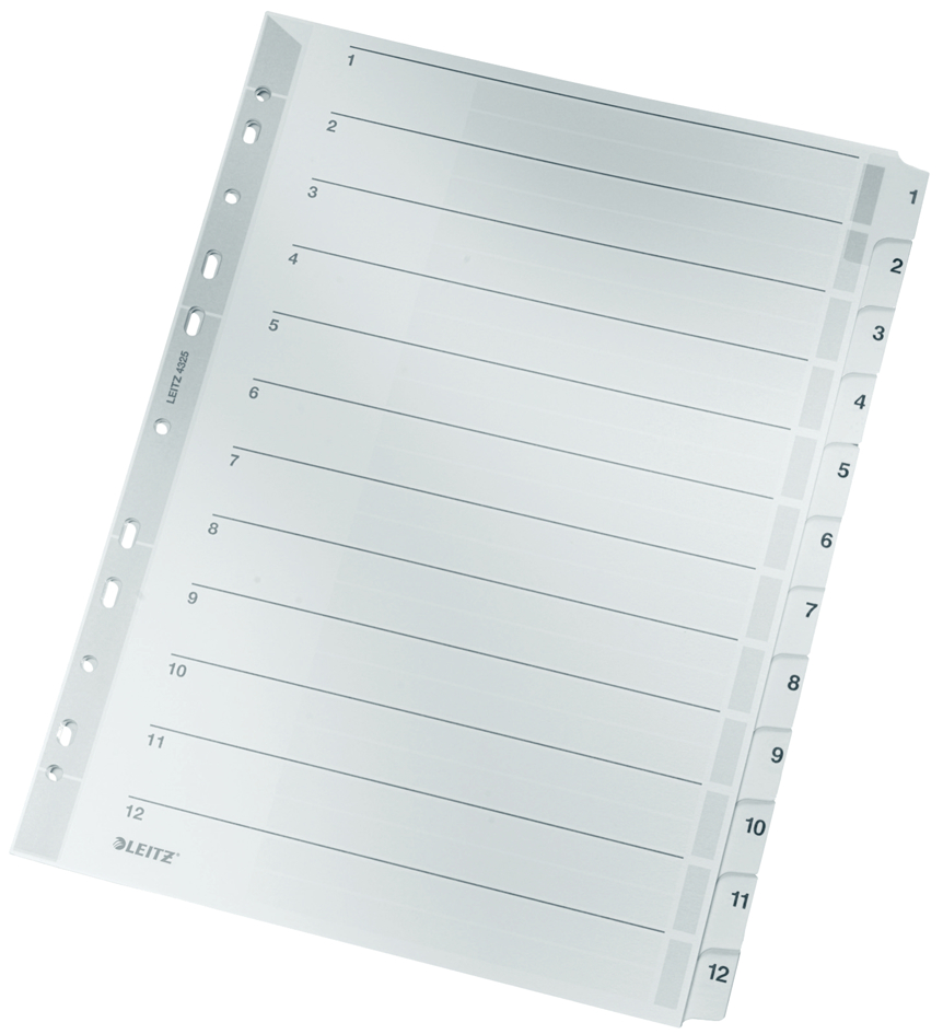 LEITZ Mylarkarton-Register, Zahlen, A4, 1-12, 12-teilig,grau