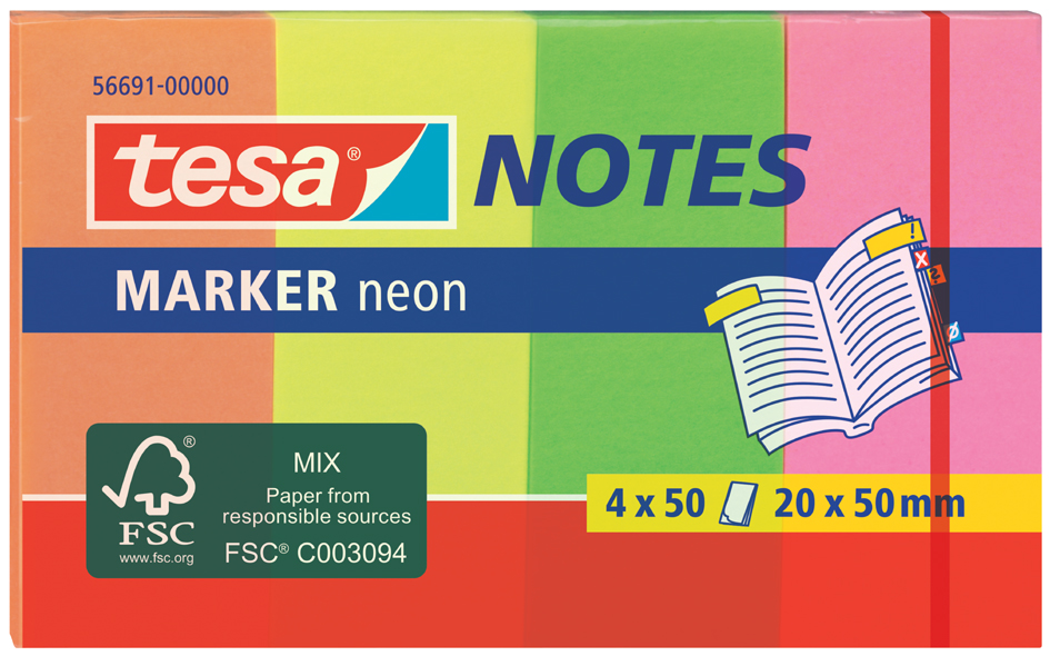 56691 tesa Marker Notes Haftmarker, Neonfarben, 50 x 20 mm