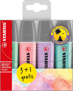22185_D70_4-2-1 STABILO Textmarker BOSS ORIGINAL Pastel, 4er PET-Etui