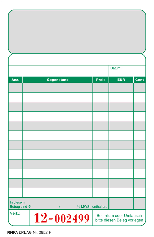 2952F RNK Verlag Kassenblock, 96 x 167 mm, 2 x 50 Blatt
