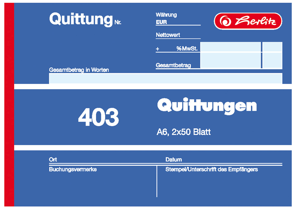 008866140012589372aea3d8f herlitz Formularbuch ´Quittung 402´, DIN A6, 2 x 40 Blatt