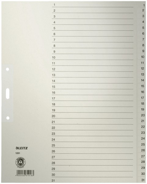 LEITZ Tauenpapier-Register, Zahlen, A4 Überbreite, 1-31,grau