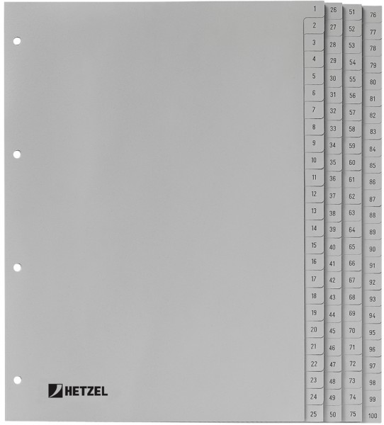 HETZEL Kunststoff-Register, Zahlen, A4, 1-100, PP, grau