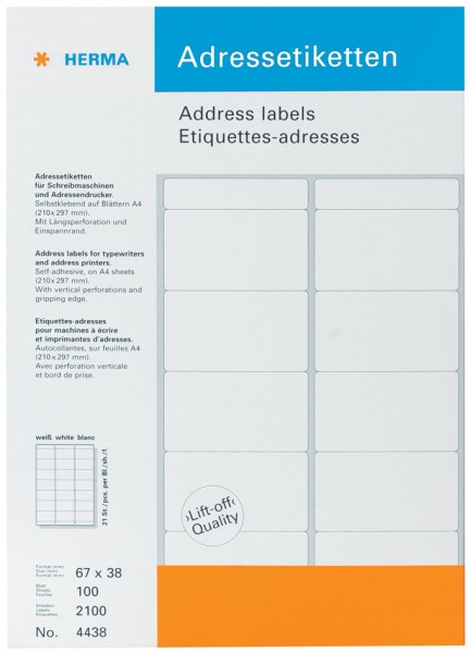 HERMA Adress-Etiketten, 105 x 42 mm, Ecken spitz, weiß