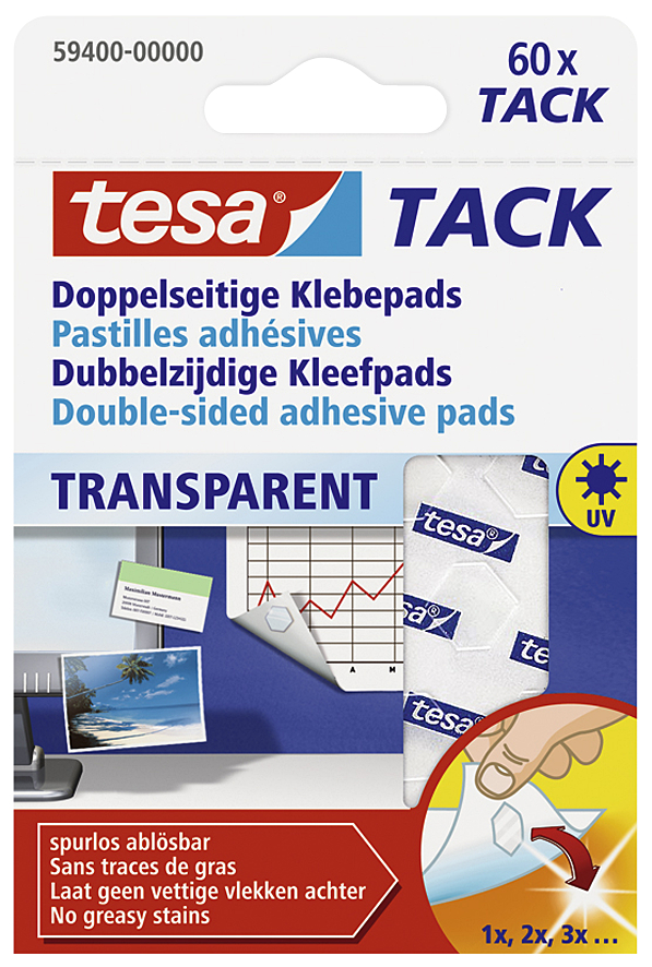 Tesa TACK transparent sind doppelseitige Klebepads zum sauberen