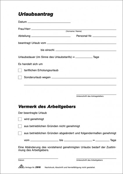 RNK Verlag Vordruck ´Urlaubsantrag´, Block, SD, DIN A5