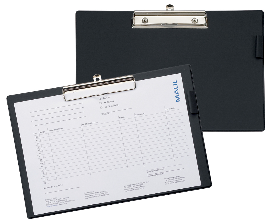 MAUL Klemmbrett mit Aufhängeöse Schreibplatte mit Folienüberzug DIN A6 hoch Schwarz mit Bügelklemme 2335690 