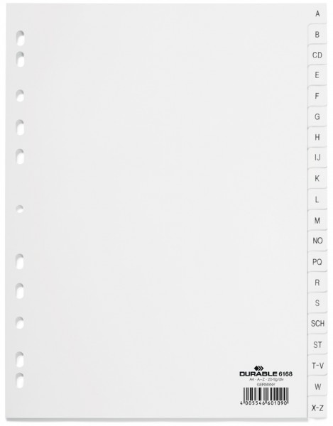 DURABLE Kunststoff-Register, A-Z, A4, PP, 20-teilig, weiß